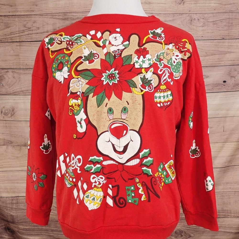 Vintage Reindeer Christmas AOP Sweatshirt Mens XL Red Crewneck Fleece USA